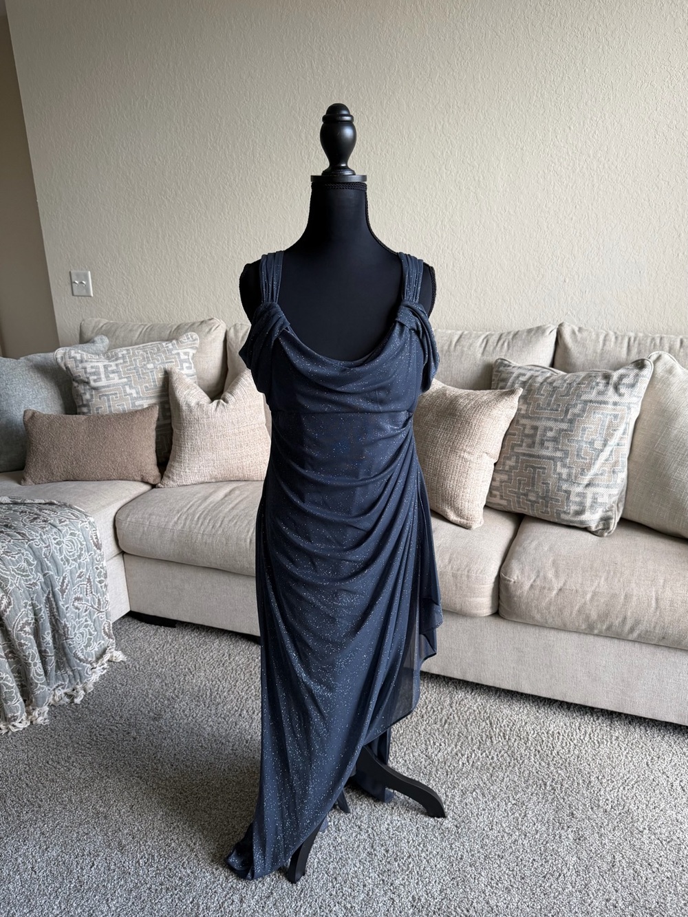 Alex Evenings Navy Sparkle Asymmetrical Draped Gown